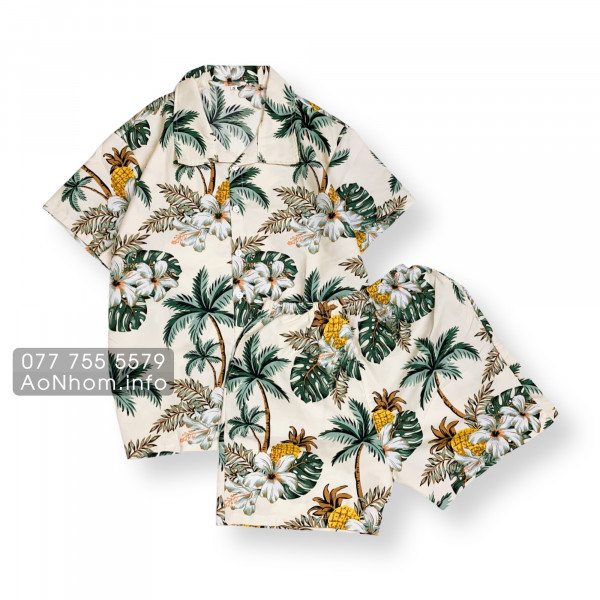 Bộ Đi Biển Kate Thái - Trái Thơm Cây Dừa Vàng Xanh Đỏ Kem Nhạt - Đồng Phục Nhóm Lớp Team Building Vải Mềm Mát