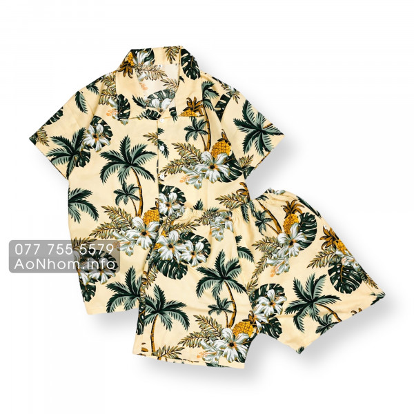 Bộ Đi Biển Kate Thái - Trái Thơm Cây Dừa Vàng Xanh Đỏ Kem Nhạt - Đồng Phục Nhóm Lớp Team Building Vải Mềm Mát