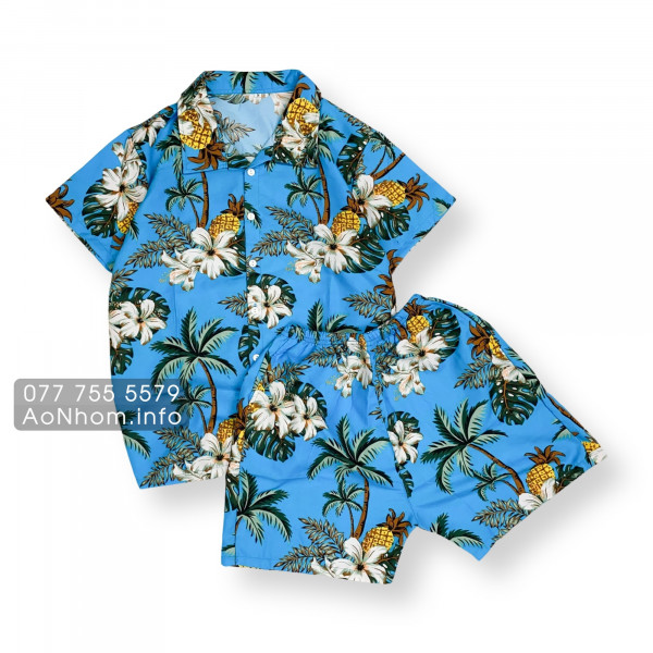 Bộ Đi Biển Kate Thái - Trái Thơm Cây Dừa Vàng Xanh Đỏ Kem Nhạt - Đồng Phục Nhóm Lớp Team Building Vải Mềm Mát