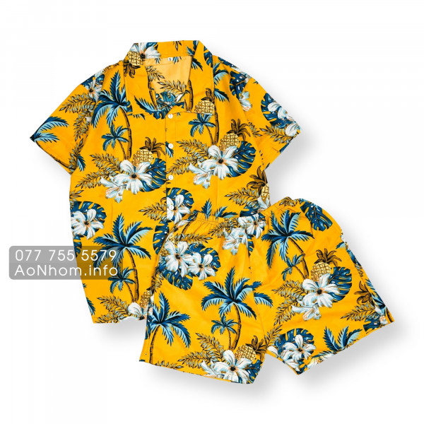 Bộ Đi Biển Kate Thái - Trái Thơm Cây Dừa Vàng Xanh Đỏ Kem Nhạt - Đồng Phục Nhóm Lớp Team Building Vải Mềm Mát