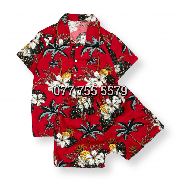 Bộ Đi Biển Kate Thái - Trái Thơm Cây Dừa Trắng Đen Đỏ Kem Đậm - Đồng Phục Nhóm Lớp Team Building Vải Mềm Mát